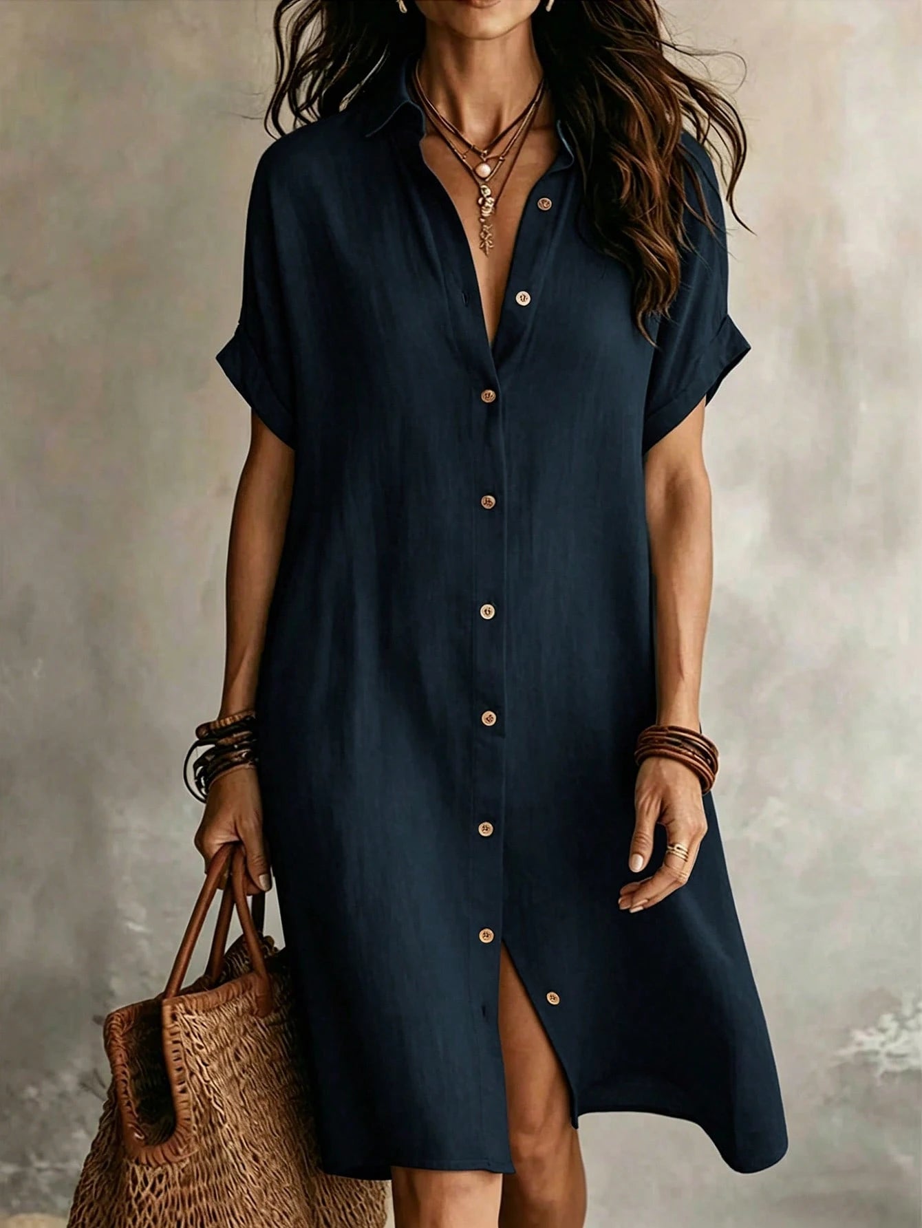 Women's Casual Ivory Woven Shirt Dress, Collared Short Sleeve Front
