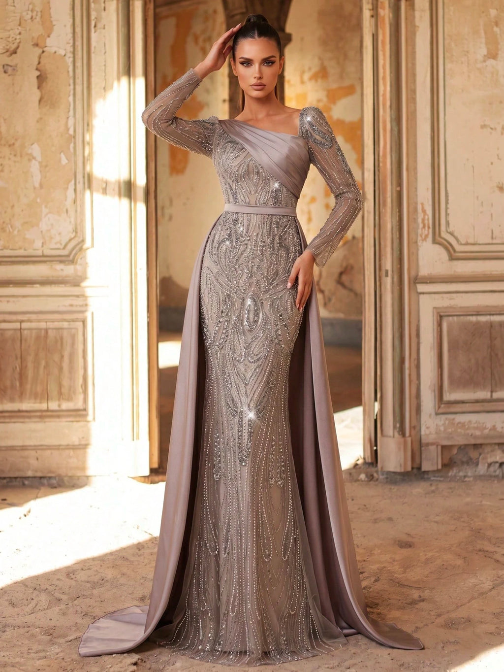 Aureia Dusty Pink Winter Elegant Formal Bridesmaid Evening Wedding Embroidered Sequin Splice Satin Sleeve