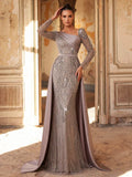 Aureia Dusty Pink Winter Elegant Formal Bridesmaid Evening Wedding Embroidered Sequin Splice Satin Sleeve