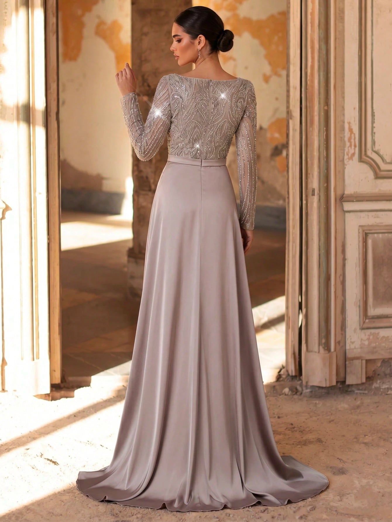 Aureia Dusty Pink Winter Elegant Formal Bridesmaid Evening Wedding Embroidered Sequin Splice Satin Sleeve - image 2