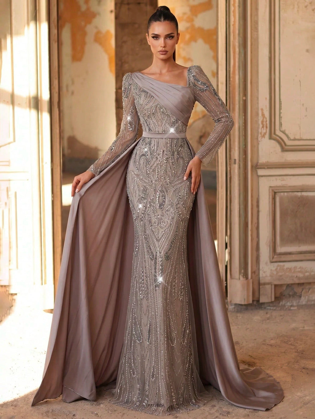 Aureia Dusty Pink Winter Elegant Formal Bridesmaid Evening Wedding Embroidered Sequin Splice Satin Sleeve - image 7