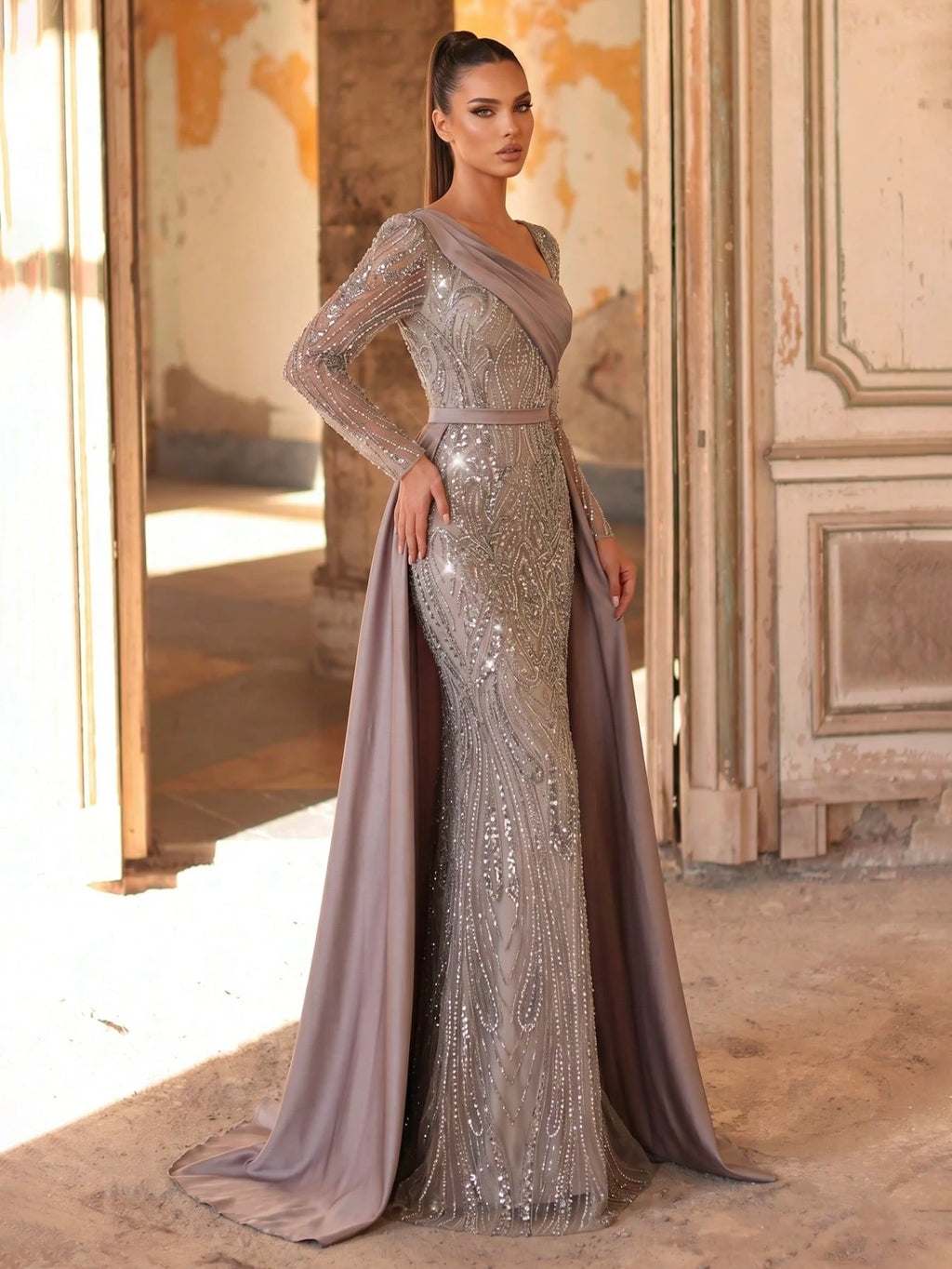 Aureia Dusty Pink Winter Elegant Formal Bridesmaid Evening Wedding Embroidered Sequin Splice Satin Sleeve - image 8