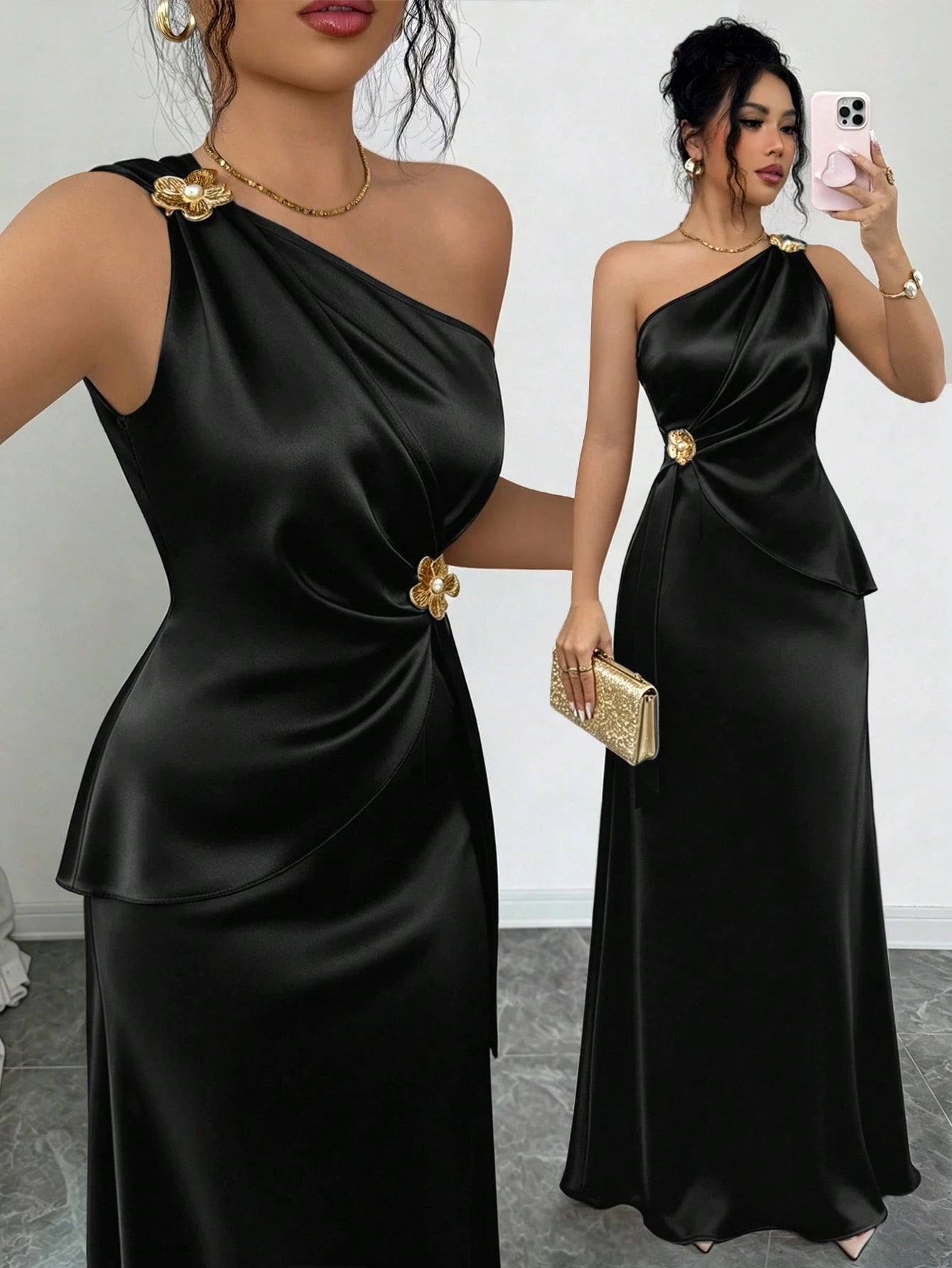 Elenzga Women's Spring/Summer New Elegant Satin Asymmetric Shoulder