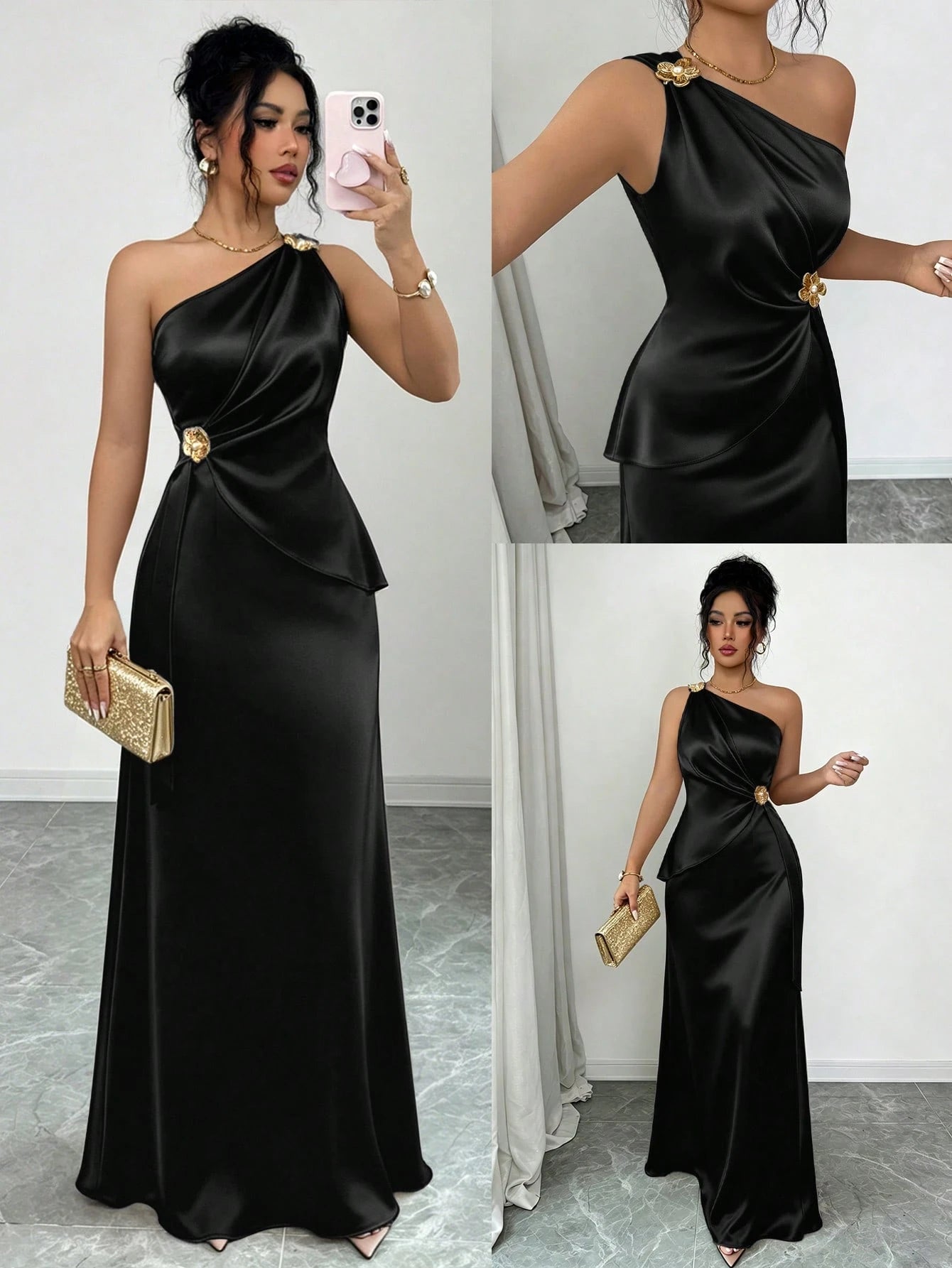 Elenzga Women's Spring/Summer New Elegant Satin Asymmetric Shoulder