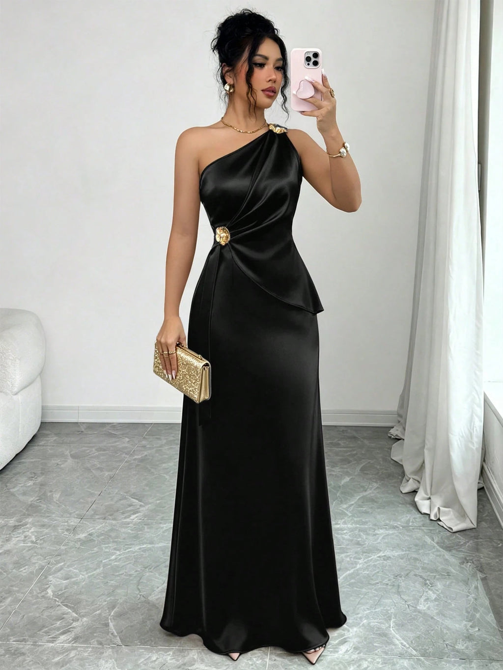 Elenzga Women's Spring/Summer New Elegant Satin Asymmetric Shoulder