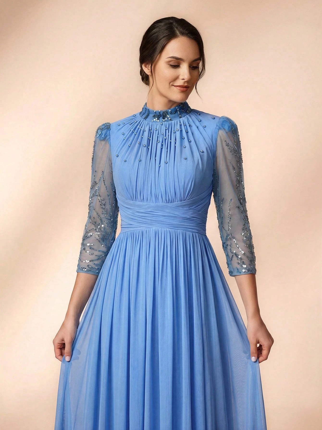 Serin Purple Winter Elegant Formal Evening Gown,Luxurious Beaded Sequin Embroidered Mesh Elastic Knit Bubble