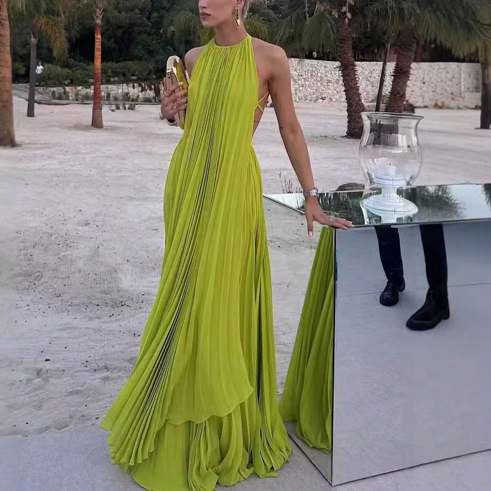 Women Halter Backless Pleated Maxi Gown, Sleeveless Deep Open Back