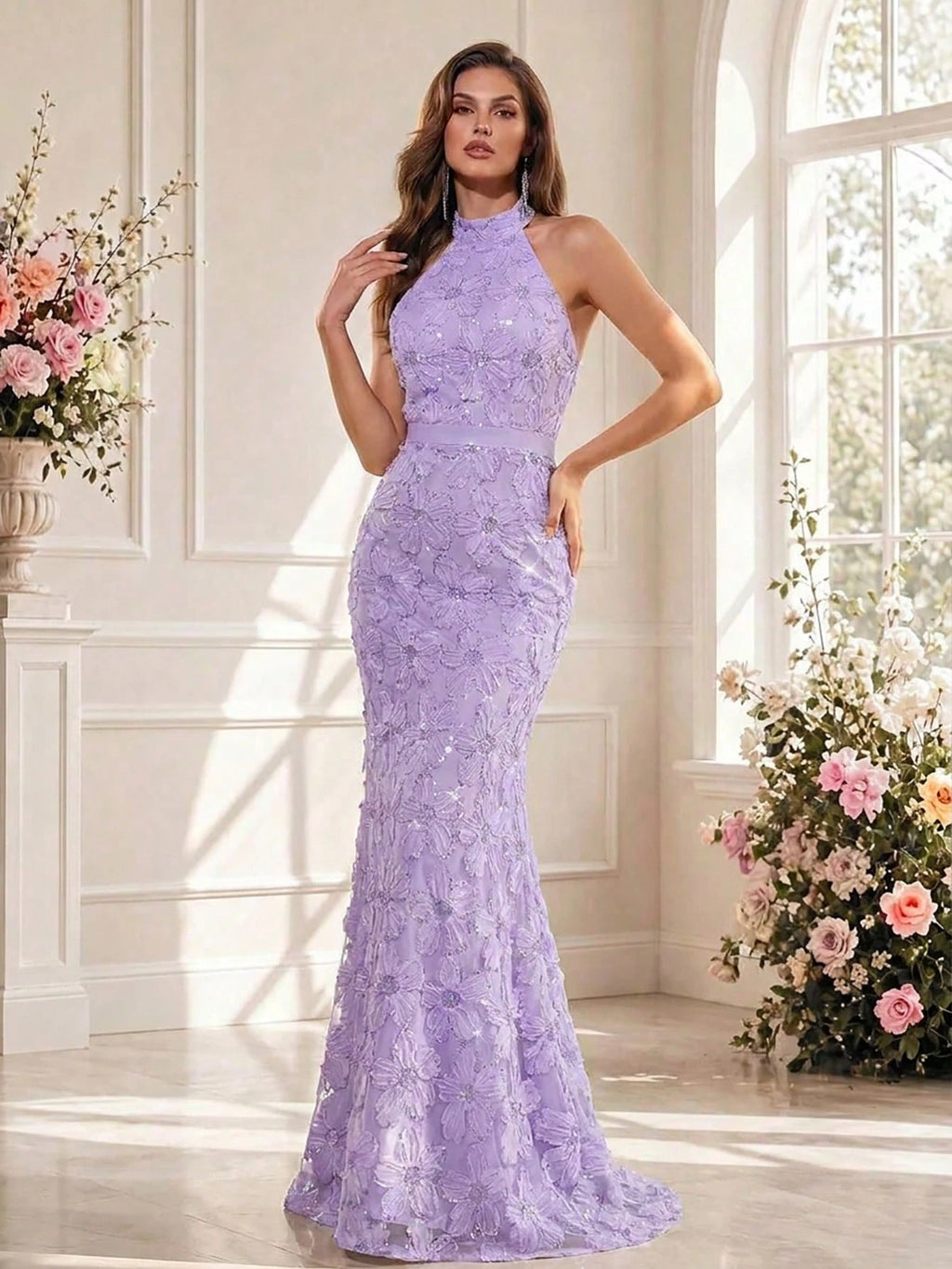 3D Floral Sequin Halter Neck Sleeveless Mermaid Hem Bridesmaid Dress, Summer Elegant Party Dress,Prom,Wedding - image 2