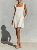 Women's Cream White Linen Mini Dress With Square Neck & Sleeveless