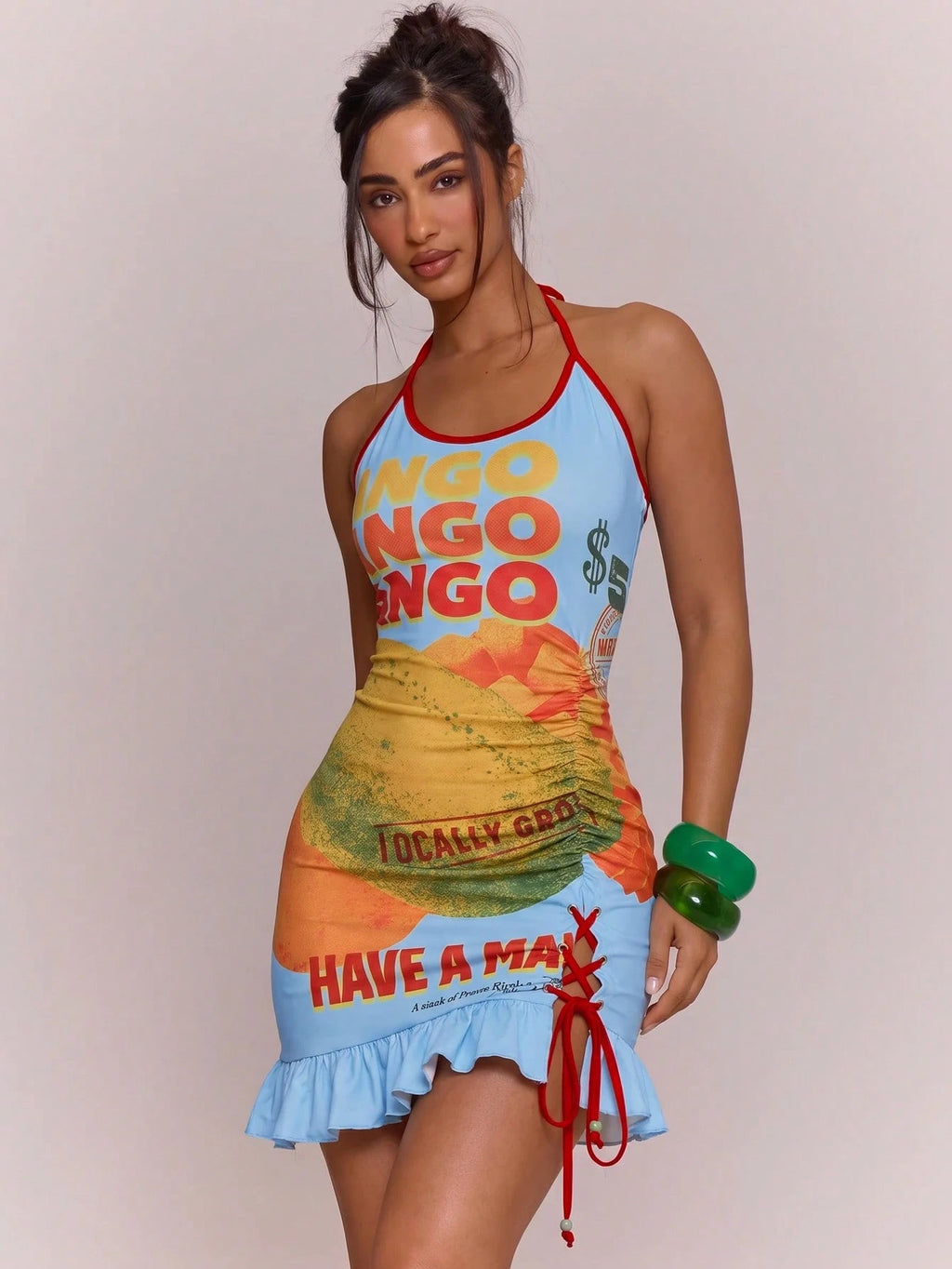 MUSERA Printed Ruffle Detail Lace Up Self Tie Halterneck Mini Dress Spring Summer Vacation Holiday Ibiza Boho