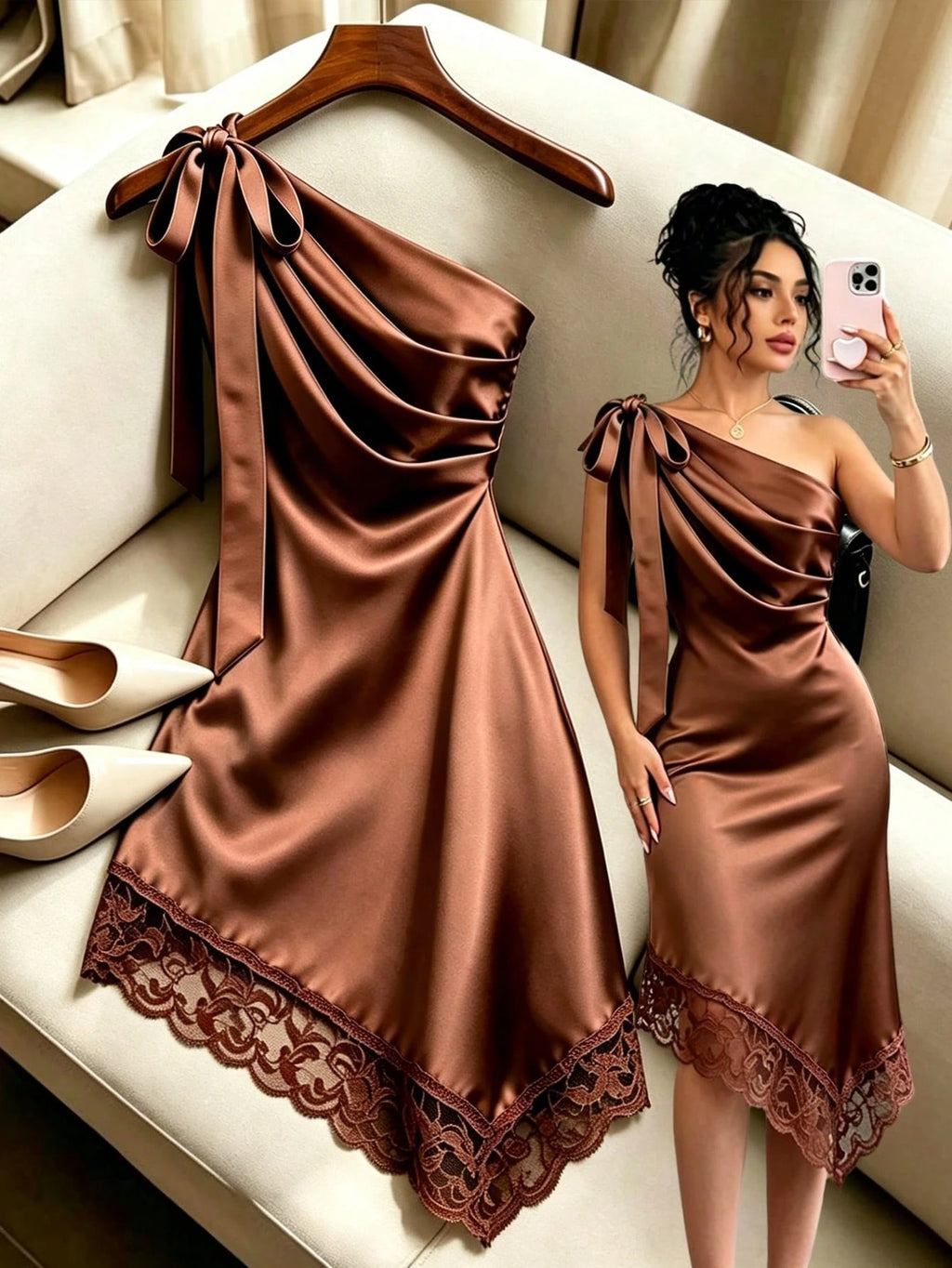 Raffinéa Women's Summer Caramel Satin Asymmetrical Shoulder Lace Trim