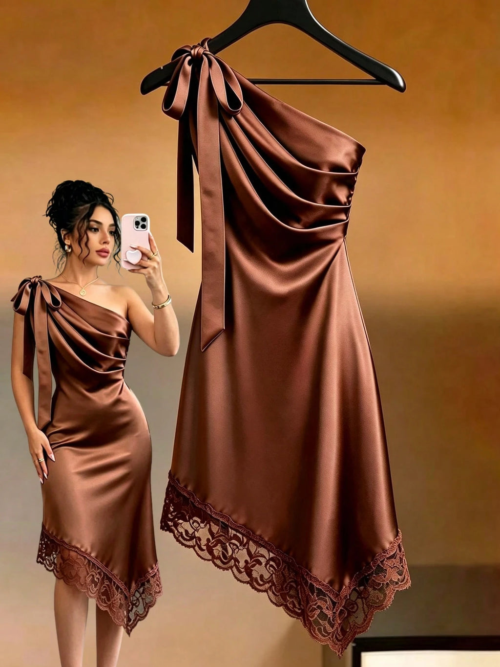 Raffinéa Women's Summer Caramel Satin Asymmetrical Shoulder Lace Trim