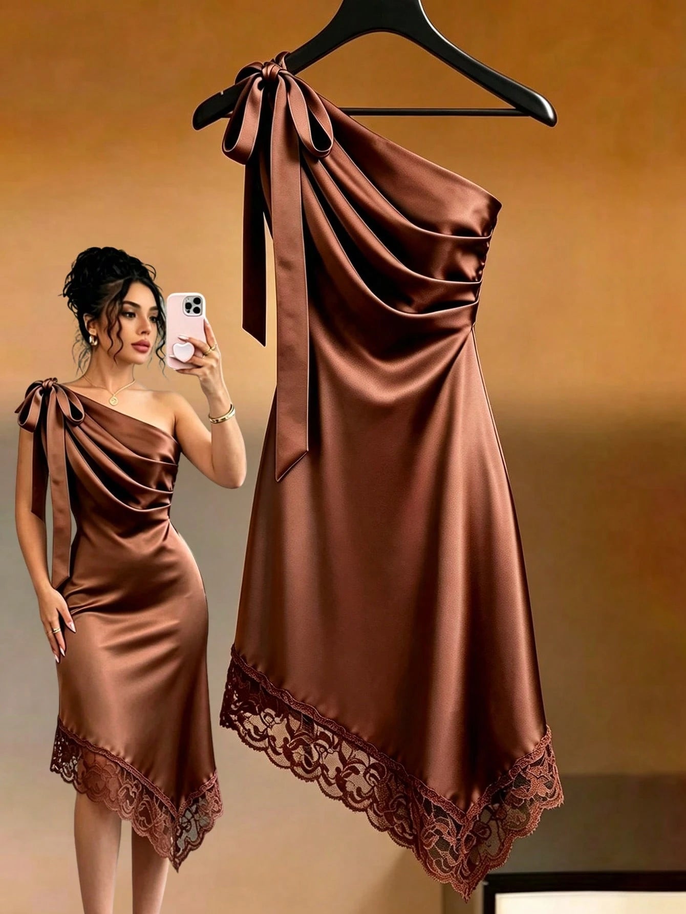 Raffinéa Women's Summer Caramel Satin Asymmetrical Shoulder Lace Trim