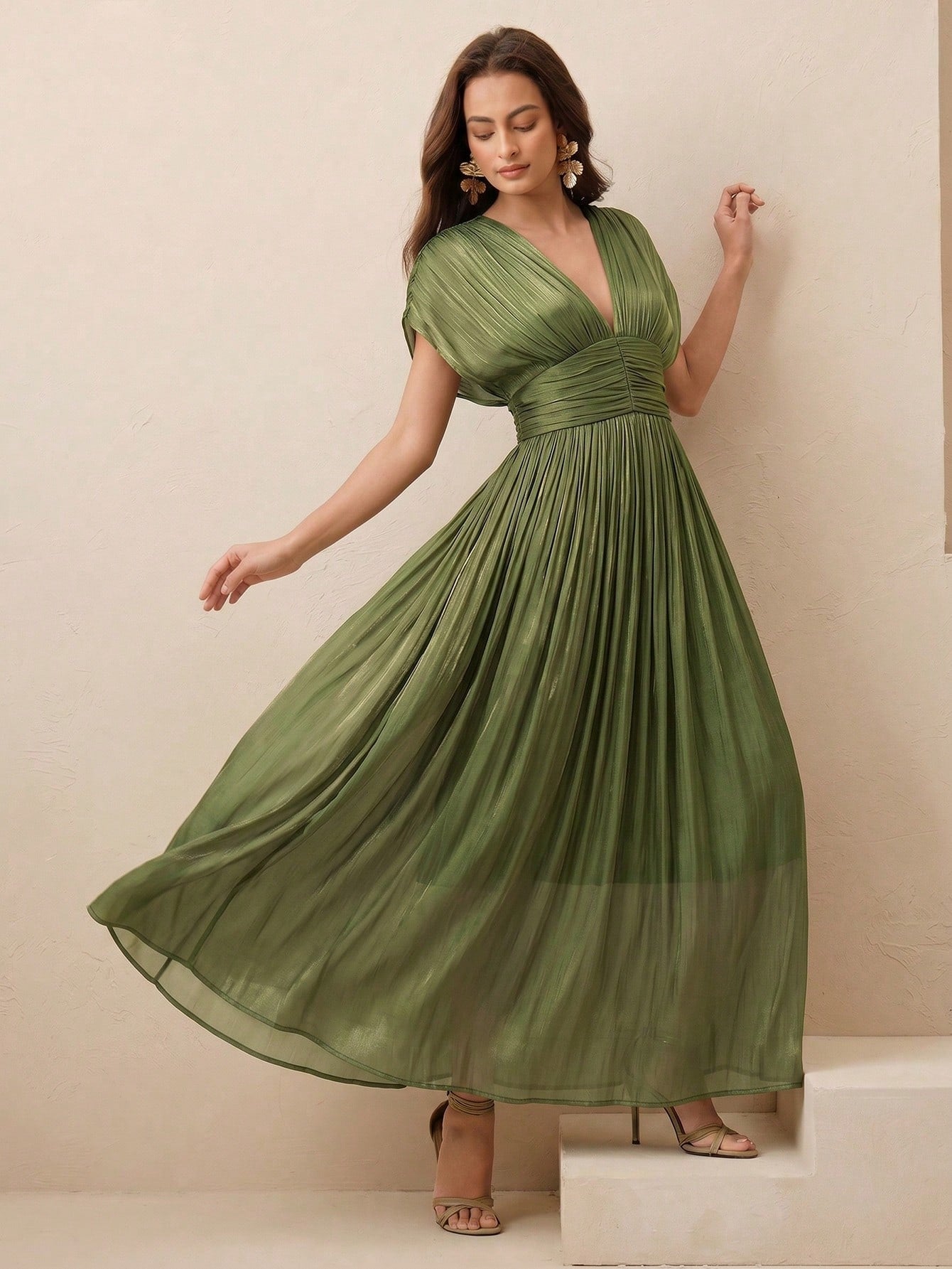 Anewsta Women's New Elegant Shiny High-End V-Neck Pleated Shoulder