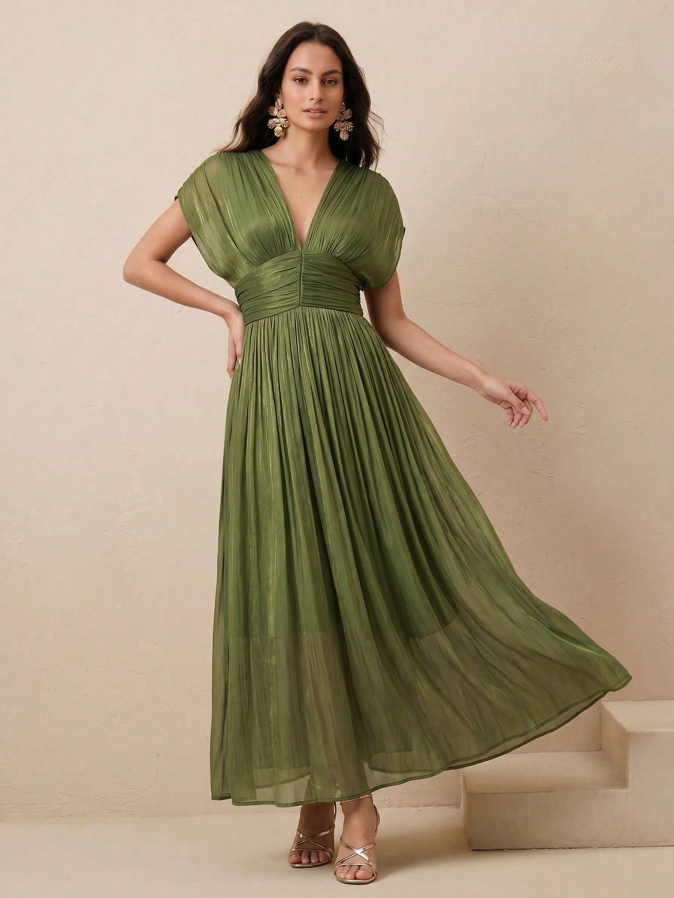 Anewsta Women's New Elegant Shiny High-End V-Neck Pleated Shoulder