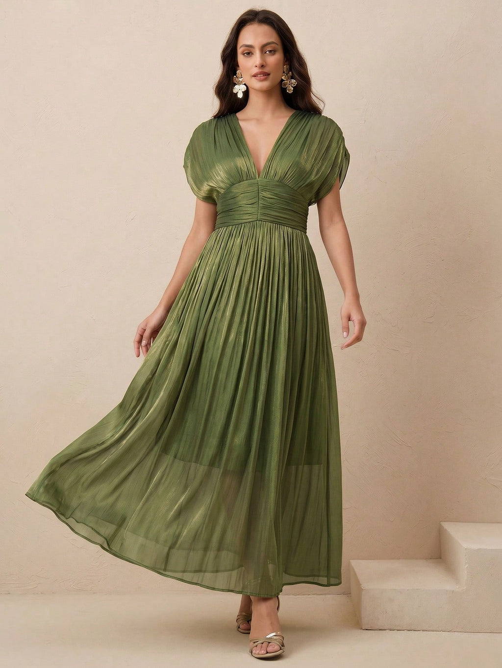 Anewsta Women's New Elegant Shiny High-End V-Neck Pleated Shoulder