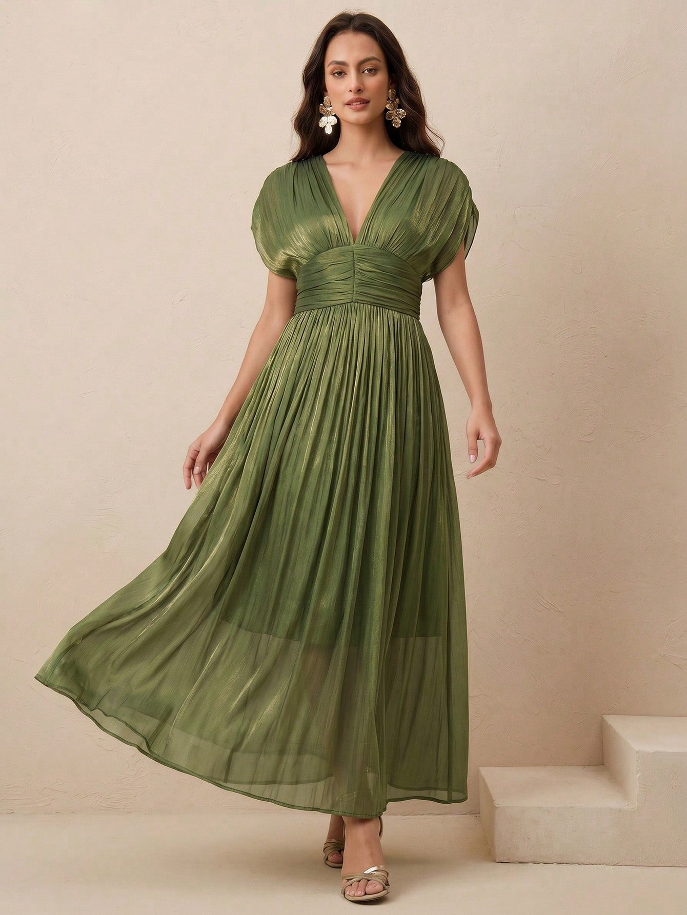 Anewsta Women's New Elegant Shiny High-End V-Neck Pleated Shoulder