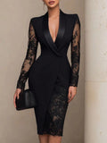 2026 Solid Color Lace Patchwork Long Sleeve Notched Collar Casual