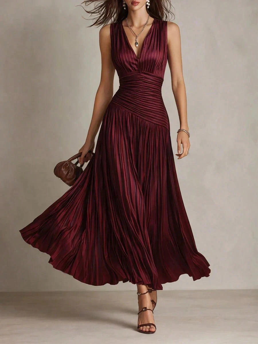 2026 New Satin Pleated Sleeveless Maxi Dress, Deep V Neck Ruched Waist Flowy Long Dress For Formal Party - image 7