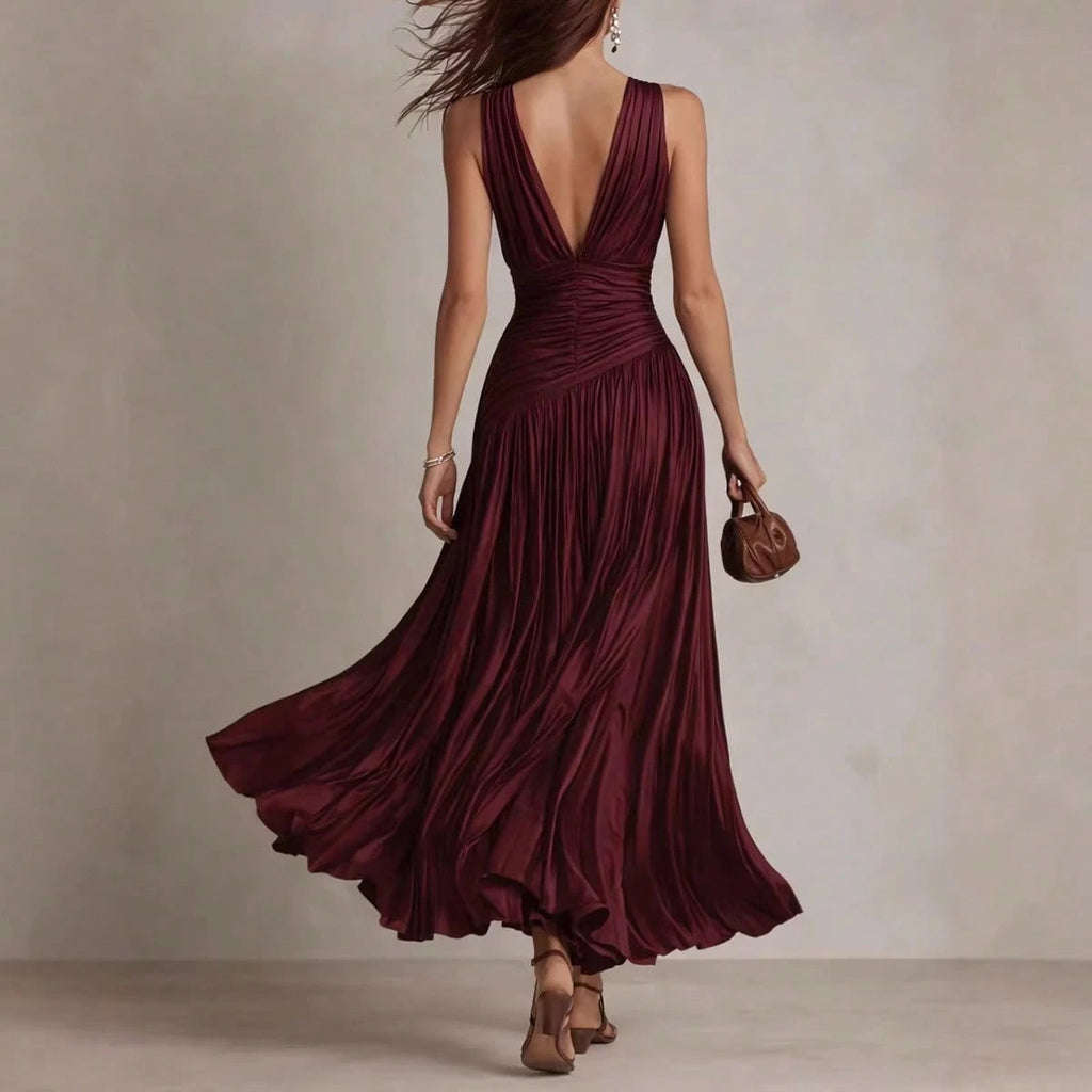 2026 New Satin Pleated Sleeveless Maxi Dress, Deep V Neck Ruched Waist Flowy Long Dress For Formal Party - image 3