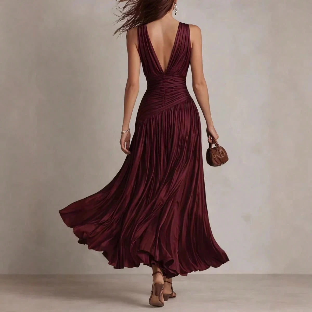 2026 New Satin Pleated Sleeveless Maxi Dress, Deep V Neck Ruched Waist Flowy Long Dress For Formal Party - image 3