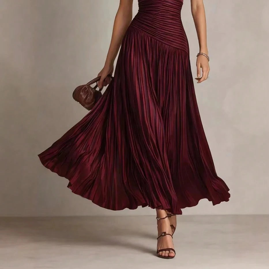 2026 New Satin Pleated Sleeveless Maxi Dress, Deep V Neck Ruched Waist Flowy Long Dress For Formal Party - image 4