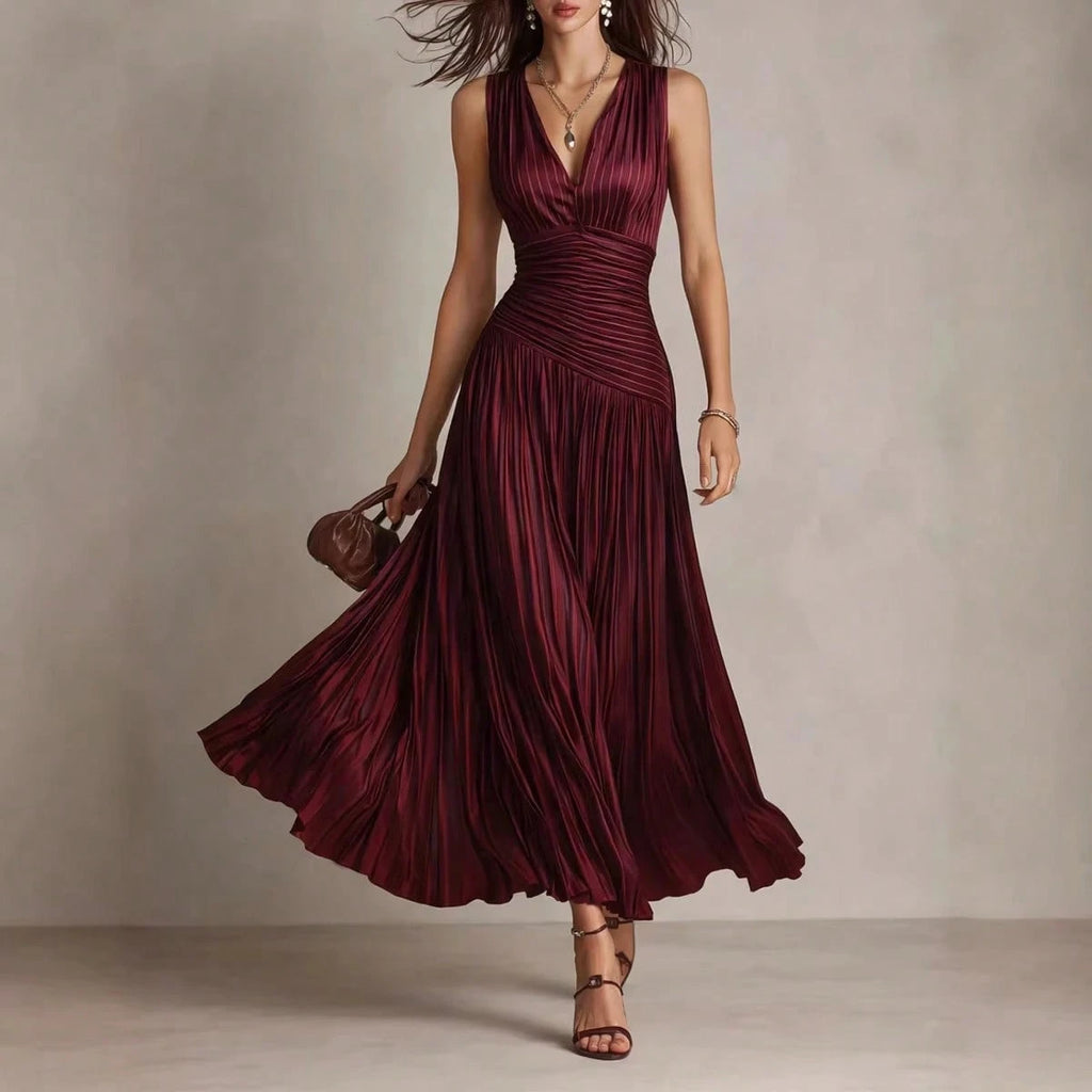 2026 New Satin Pleated Sleeveless Maxi Dress, Deep V Neck Ruched Waist Flowy Long Dress For Formal Party - image 5