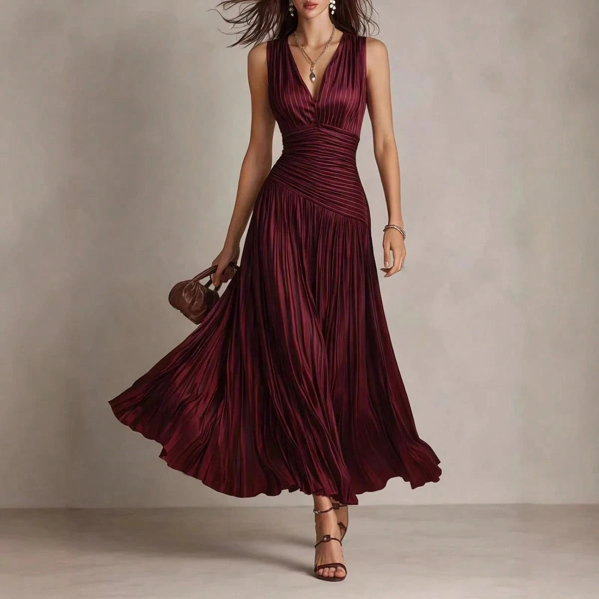 2026 New Satin Pleated Sleeveless Maxi Dress, Deep V Neck Ruched Waist Flowy Long Dress For Formal Party - image 5