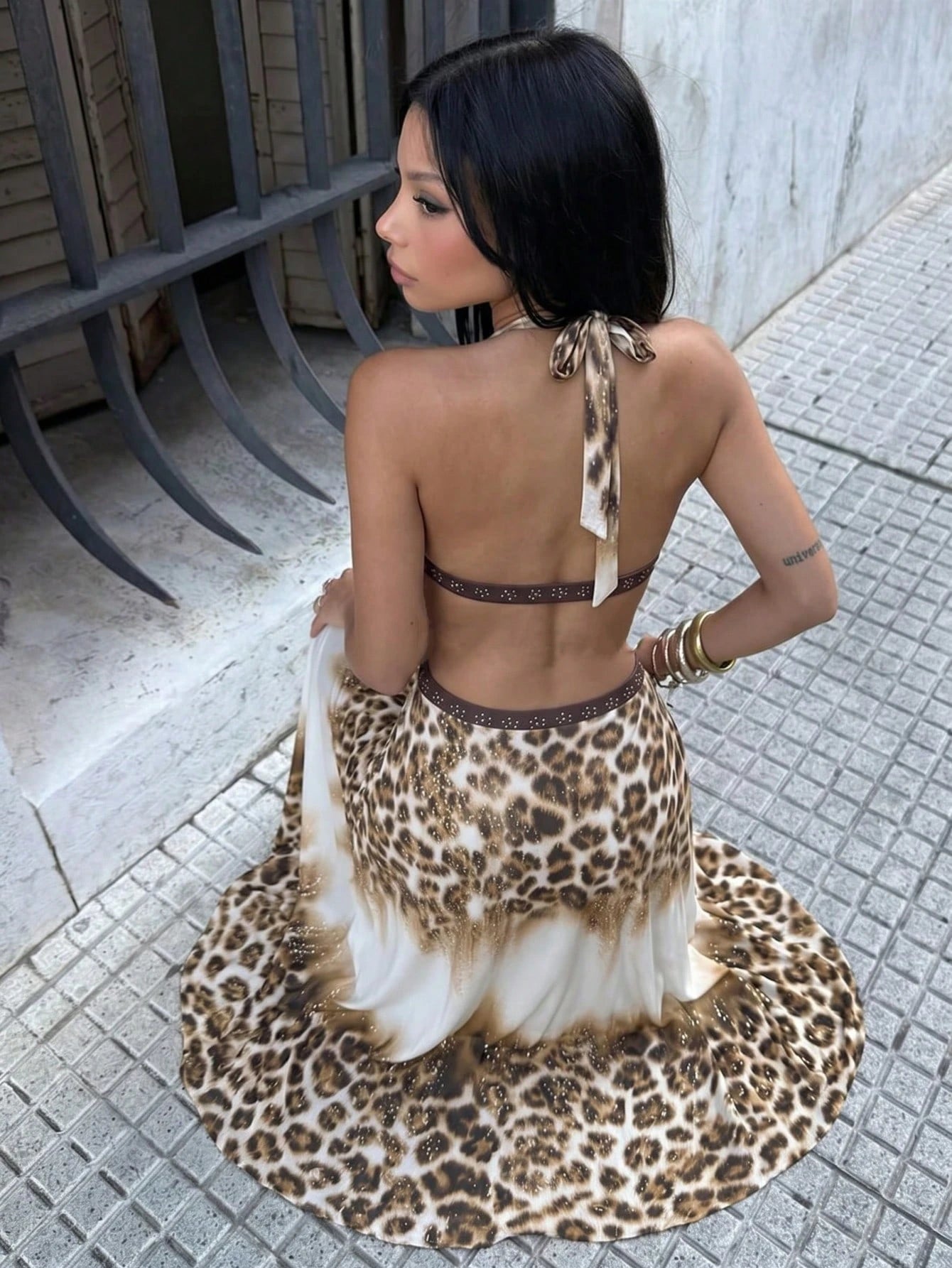 Kliou Leopard Print Sexy Backless Long Dress Woman Summer Bandage