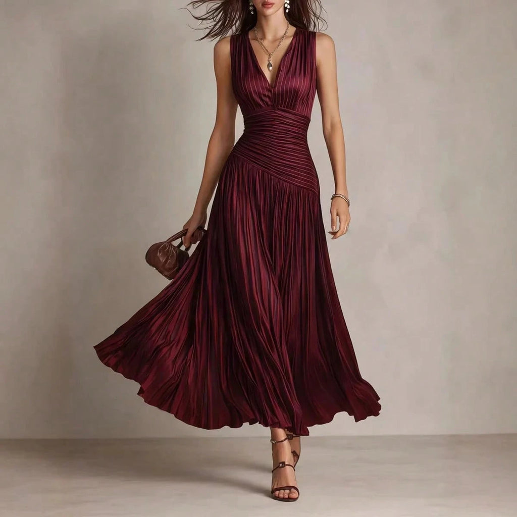 2026 New Satin Pleated Sleeveless Maxi Dress, Deep V Neck Ruched Waist Flowy Long Dress For Formal Party
