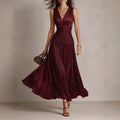 2026 New Satin Pleated Sleeveless Maxi Dress, Deep V Neck Ruched Waist Flowy Long Dress For Formal Party
