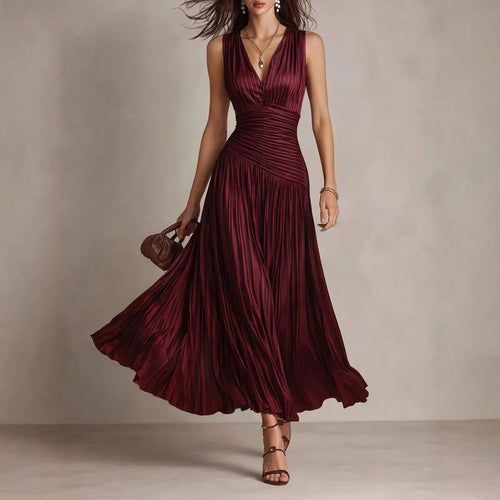 2026 New Satin Pleated Sleeveless Maxi Dress, Deep V Neck Ruched Waist Flowy Long Dress For Formal Party