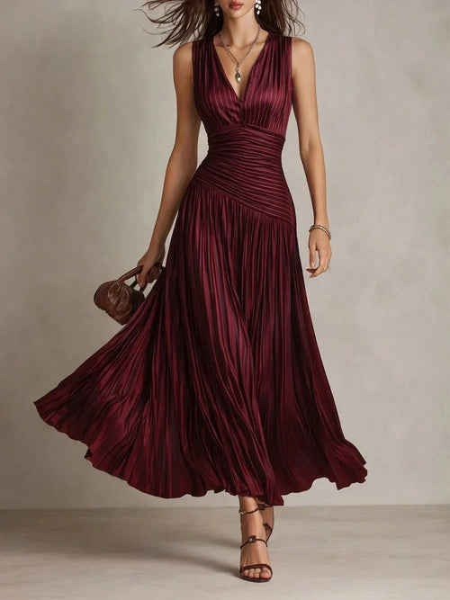 2026 New Satin Pleated Sleeveless Maxi Dress, Deep V Neck Ruched Waist Flowy Long Dress For Formal Party - image 2