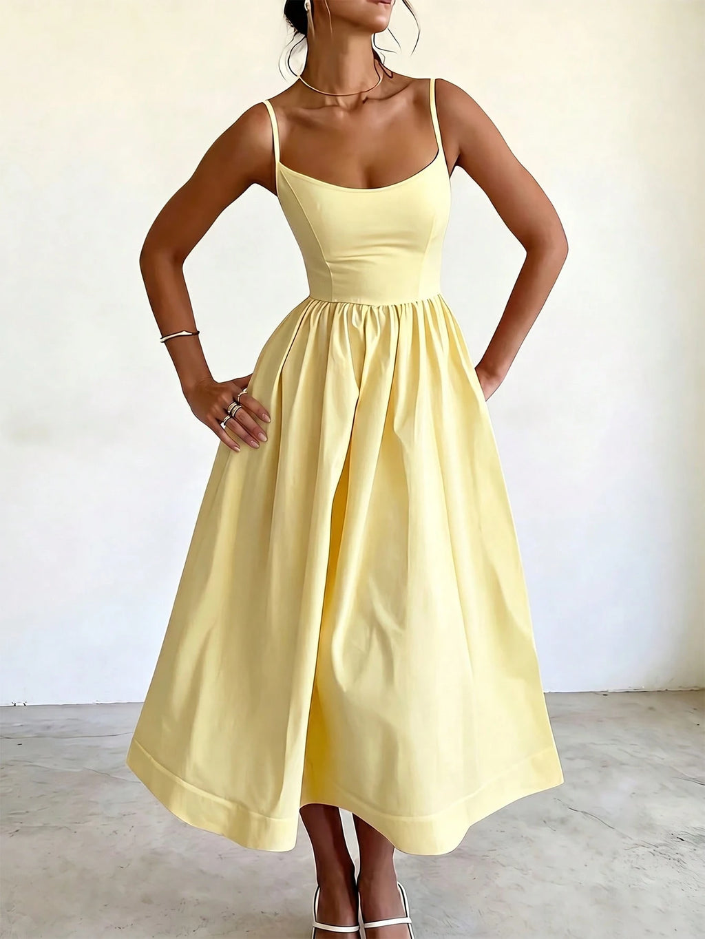 Women's Summer Elegant Pale Yellow Spaghetti Strap Dress, Cinched Waist A-Line Skirt, Suitable For Daily - image 2