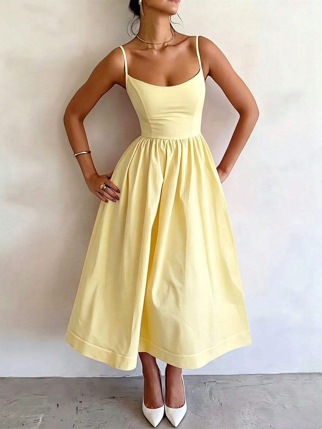 Women's Summer Elegant Pale Yellow Spaghetti Strap Dress, Cinched Waist A-Line Skirt, Suitable For Daily