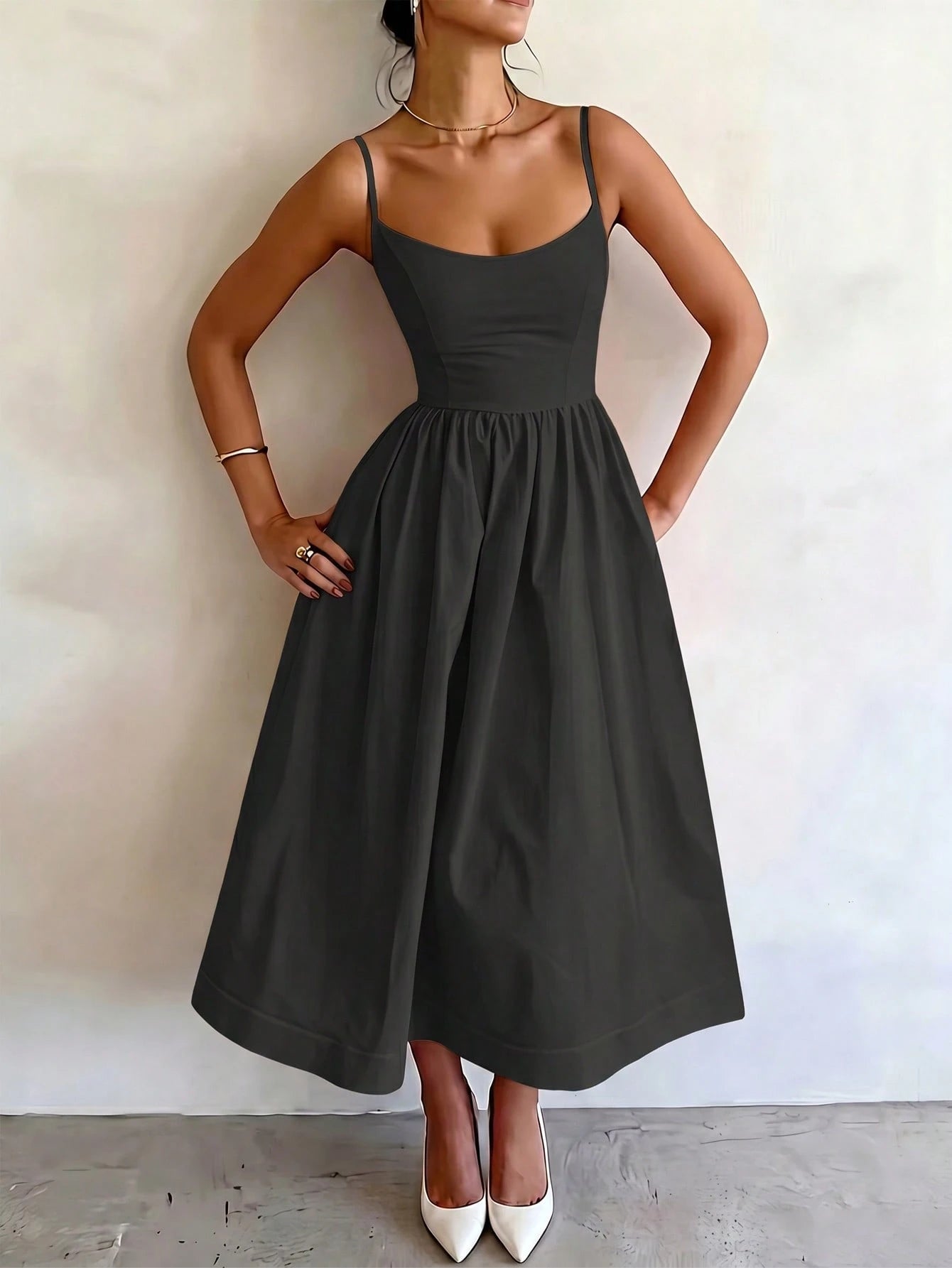 Women's Summer Elegant Pale Yellow Spaghetti Strap Dress, Cinched Waist A-Line Skirt, Suitable For Daily - image 11