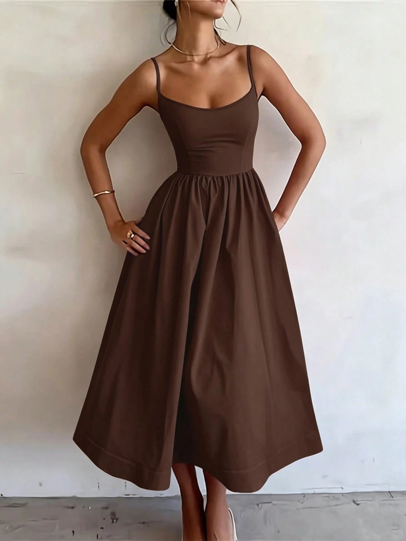 Women's Summer Elegant Pale Yellow Spaghetti Strap Dress, Cinched Waist A-Line Skirt, Suitable For Daily - image 7