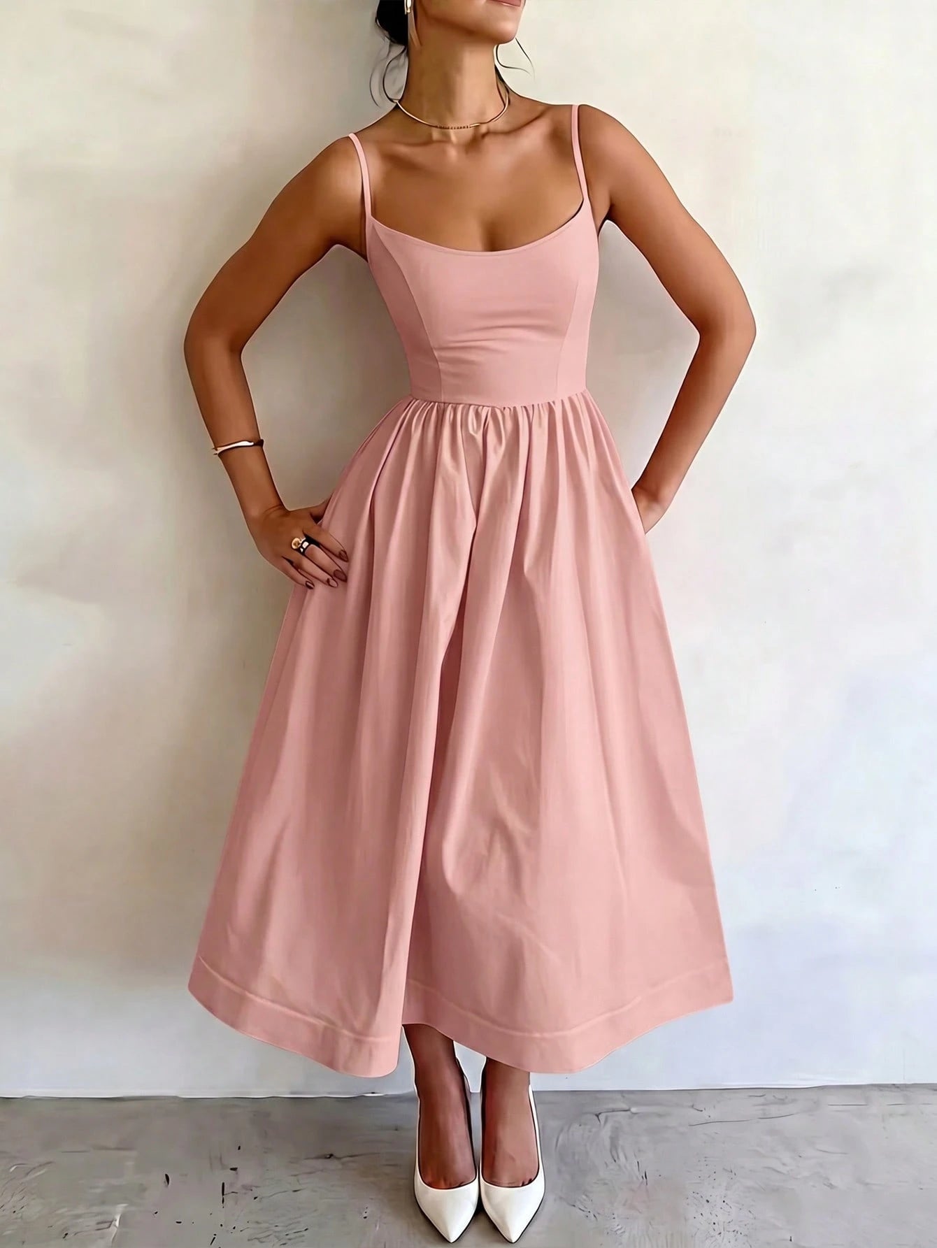 Women's Summer Elegant Pale Yellow Spaghetti Strap Dress, Cinched Waist A-Line Skirt, Suitable For Daily - image 18
