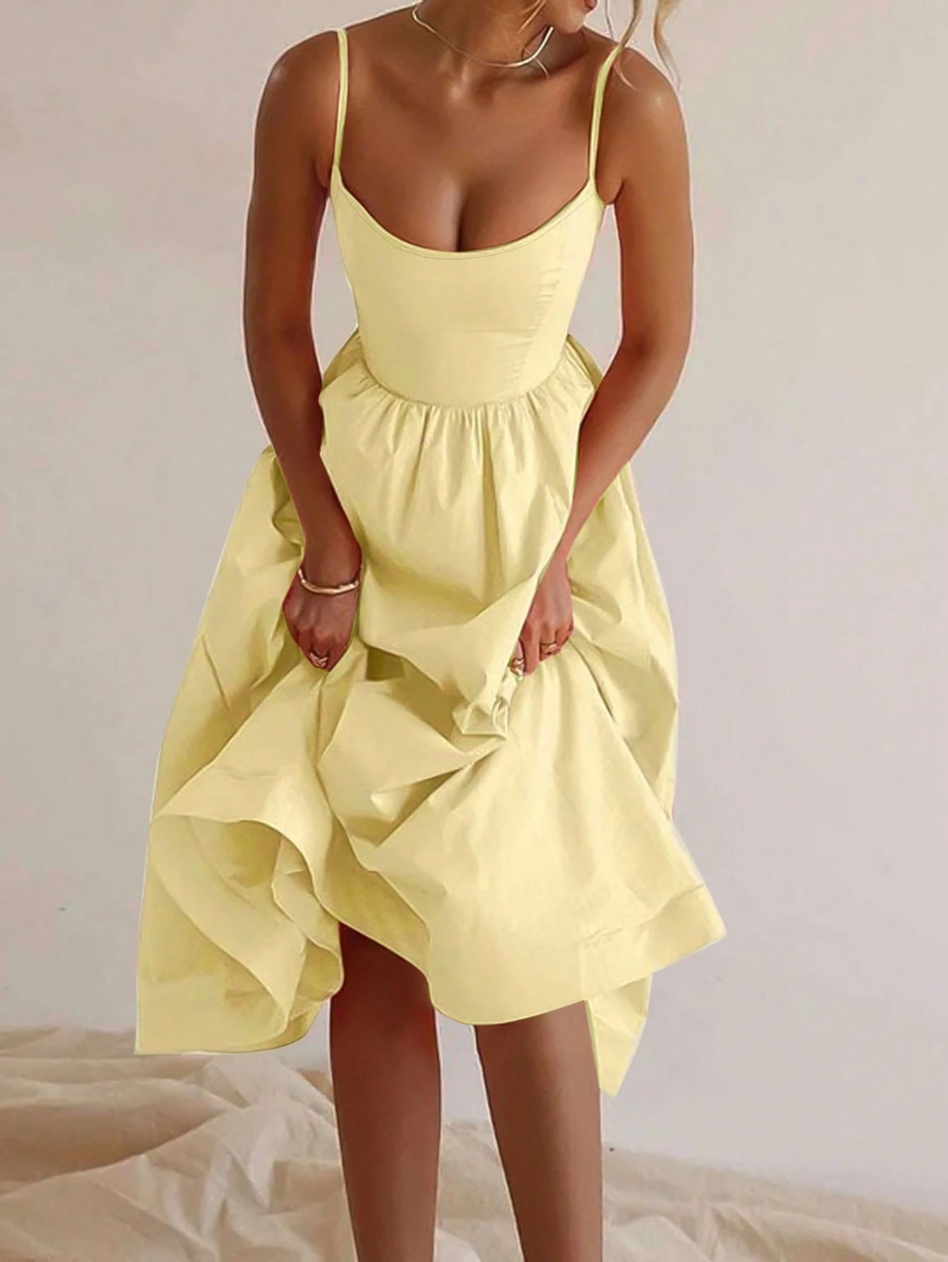 Women's Summer Elegant Pale Yellow Spaghetti Strap Dress, Cinched Waist A-Line Skirt, Suitable For Daily - image 3