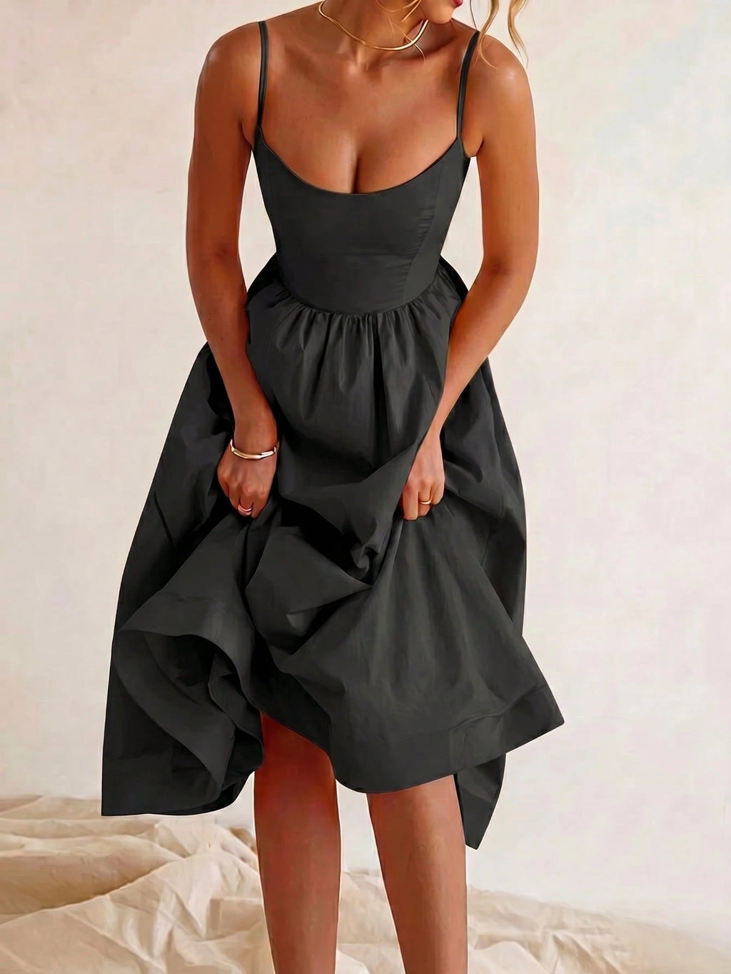 Women's Summer Elegant Pale Yellow Spaghetti Strap Dress, Cinched Waist A-Line Skirt, Suitable For Daily - image 13