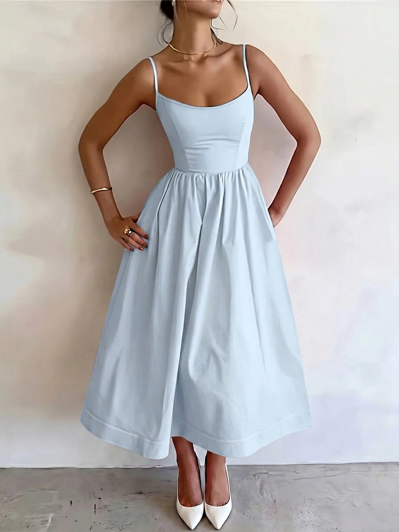 Women's Summer Elegant Pale Yellow Spaghetti Strap Dress, Cinched
