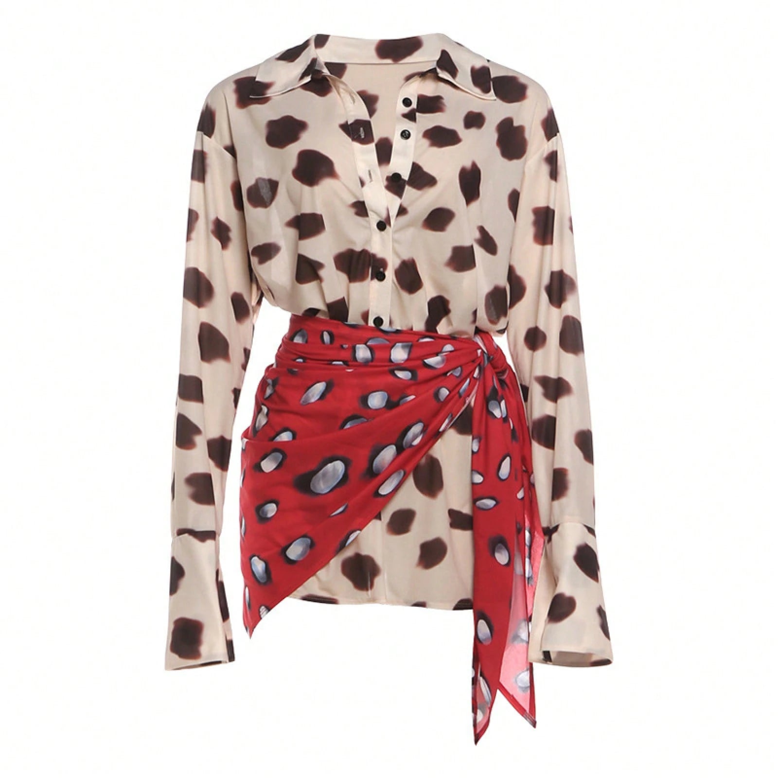 Women's Contrast Animal Print Matching Outfit, Beige Brown Leopard