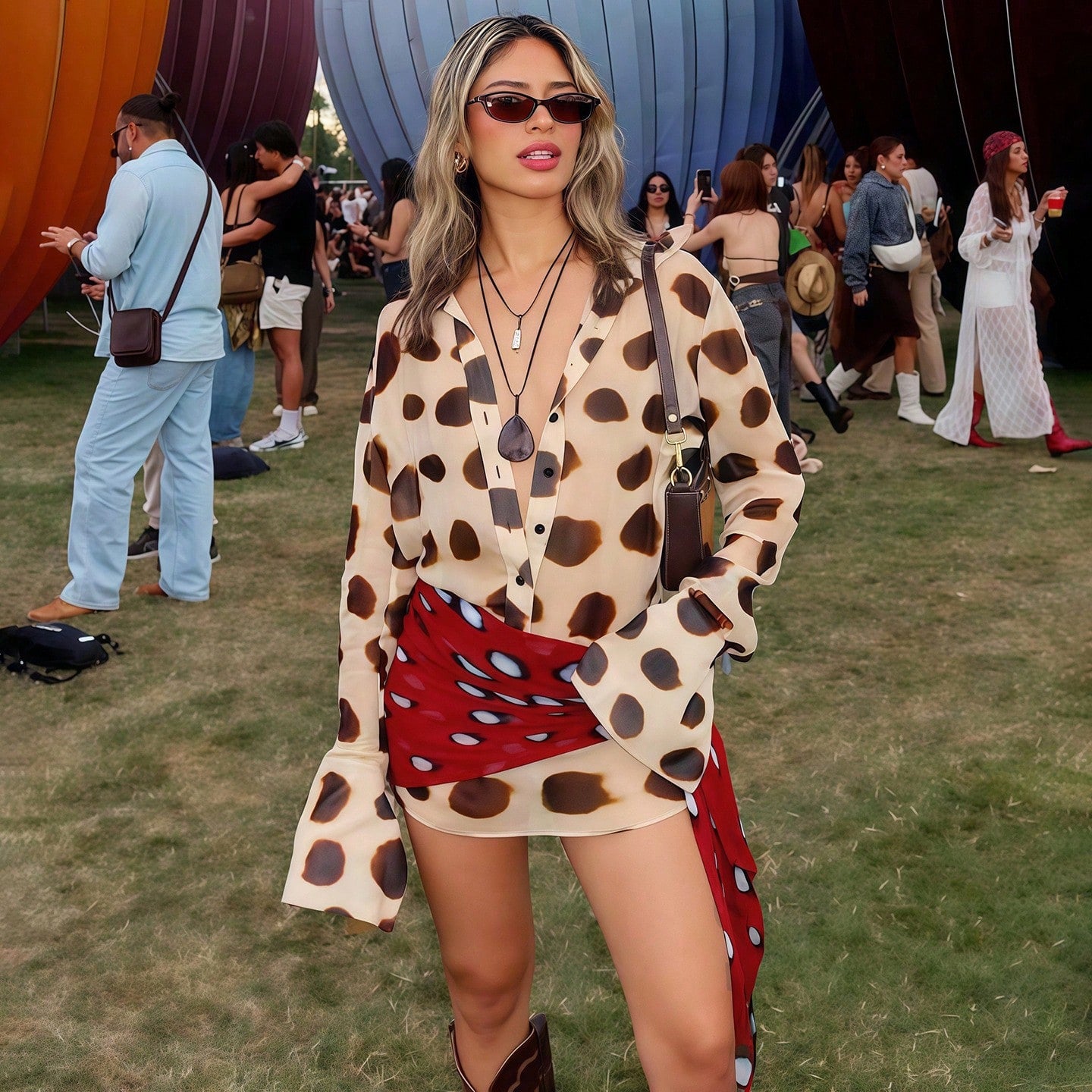 Women's Contrast Animal Print Matching Outfit, Beige Brown Leopard Collared Shirt Red Polka Dot Tie Wrap - image 2