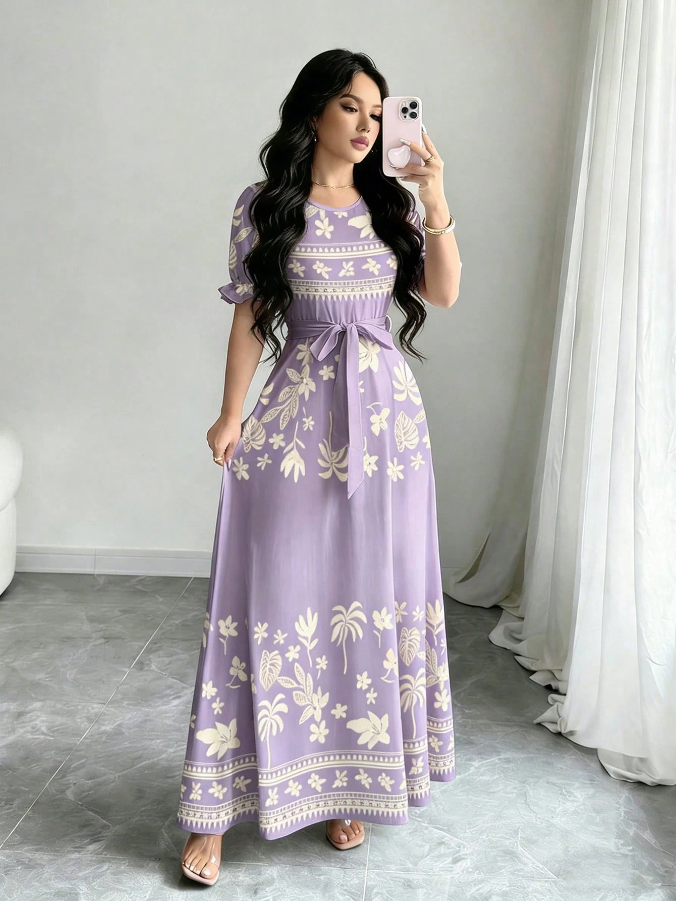 Modelyn Women's Fashion Round Neck Short Puff Sleeve Midi Dress With Belt,Blue - image 5