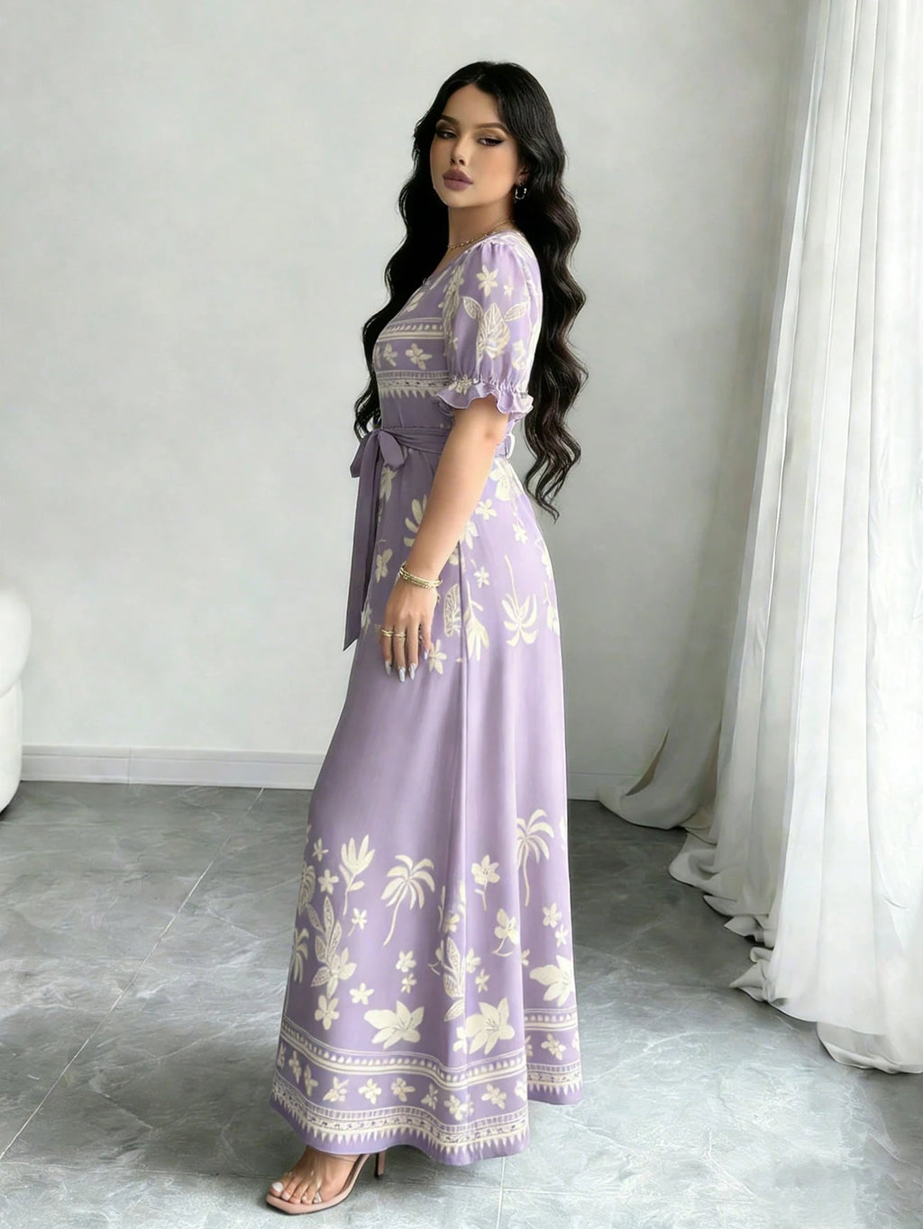 Modelyn Women's Fashion Round Neck Short Puff Sleeve Midi Dress With Belt,Blue - image 8