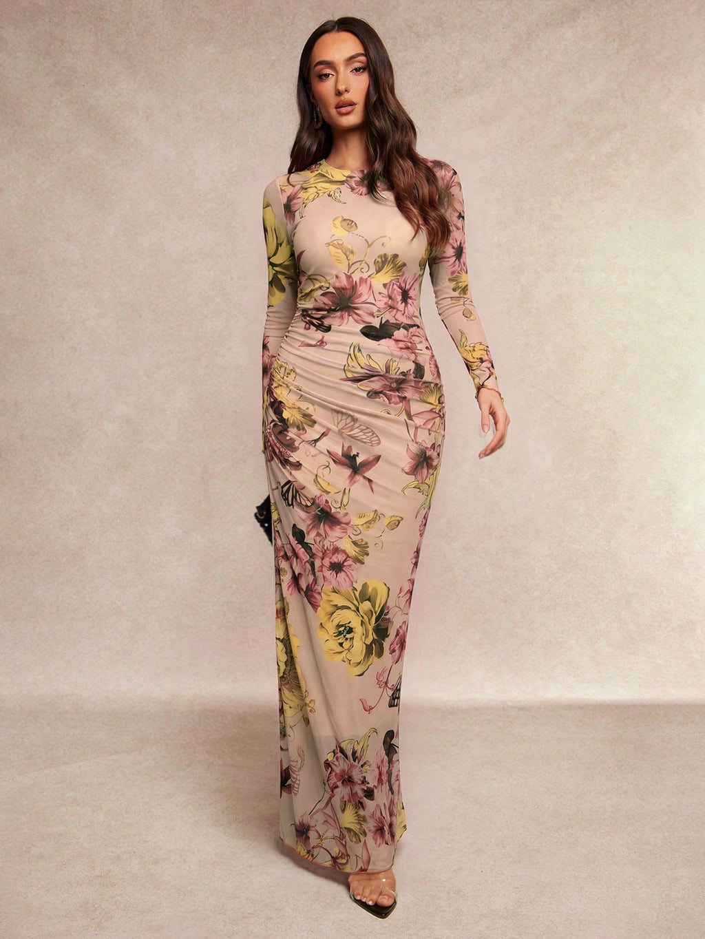 Silquee Women's Elegant Floral Print Pleated Round Neck Long Sleeve Mermaid Hem Dress Work Dinner Bar Party - image 20
