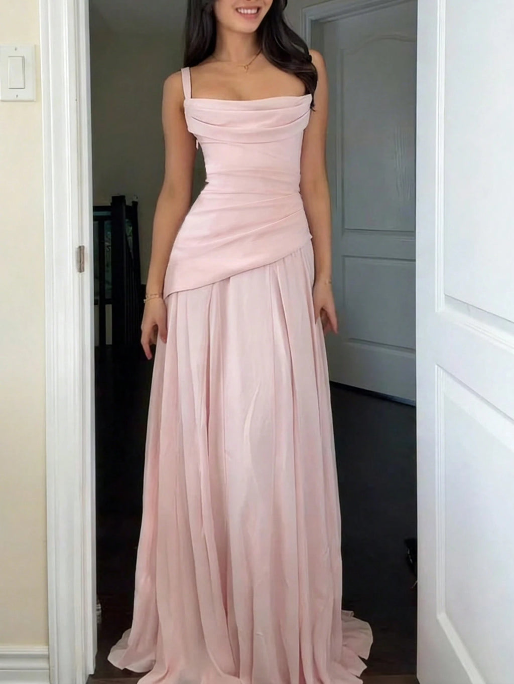 Romantic Women's Light Blue Square Neck Bridesmaid Dress With Asymmetrical Hem And Crisscross Back,