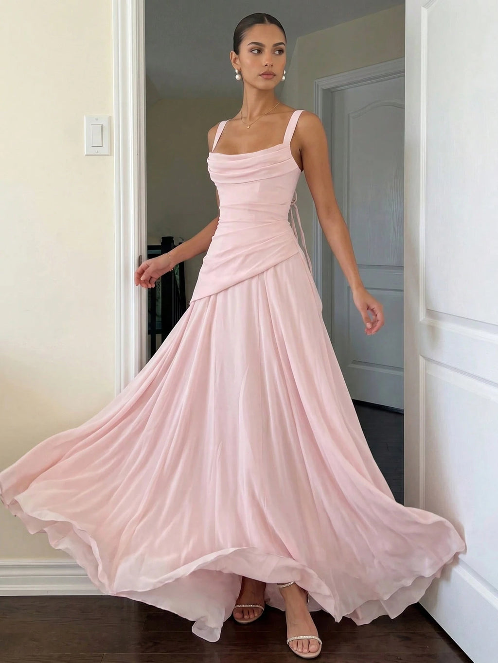 Romantic Women's Light Blue Square Neck Bridesmaid Dress With Asymmetrical Hem And Crisscross Back, - image 2