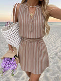 LUNE Women's Casual Brown And White Polka Dot V-Neck Summer Vacation Commute Daily Basic Fashion Outing