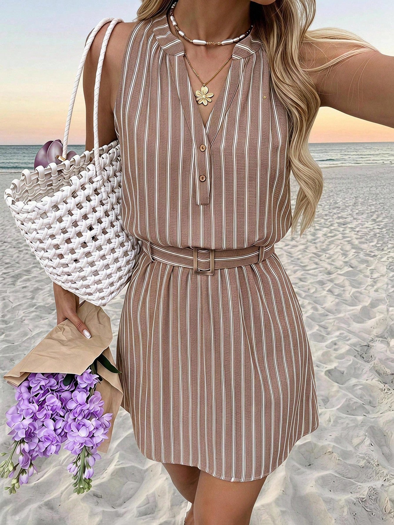 LUNE Women's Casual Brown And White Polka Dot V-Neck Summer Vacation Commute Daily Basic Fashion Outing